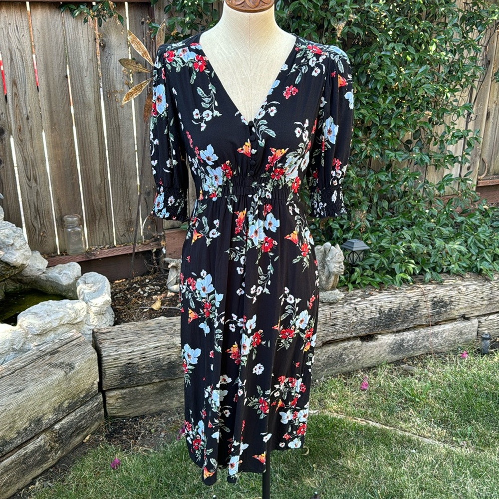 Banana Republic Dress Black Floral 3/4 Sleeve Dress Women's Size 6